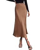 BTFBM 2025 Womens Summer Fall Long Satin Skirt Silk Elegant High Waist Cocktail Party Wedding Flowy A-Line Midi Skirts(Coffee, Large)