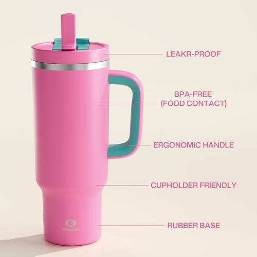 Image of ENCOOL 40 oz Tumbler with Handle and Straw: Stainless Steel Insulated Tumbler Keeps Cold for 24 Hours, Leakproof Travel Cup Fits in Cup Holder and BPA-Free,Light Crimson