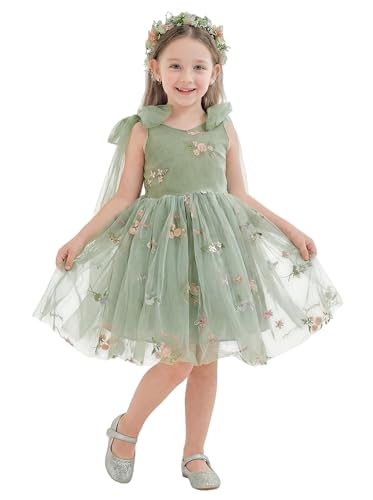 LalaMira Flower Girl Dress Floral Embroidered Toddler Girls Dresses Fairy Tulle Dress for Wedding Birthday Party Photo Shoot Sage Green-8Y