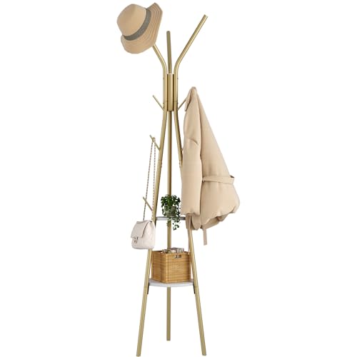 HOMEFORT Coat Rack Coat Hanger Stand with 2 Shelves Freestanding Hall Tree Metal Hat Hanger with 12 Hooks for Clothes Hats and Scarves (Gold)