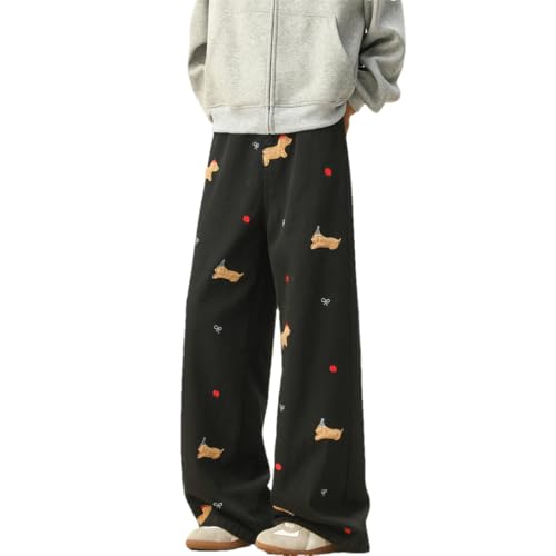 Men Baggy Embroidered Striped Sweatpants Hip Hop Jeans Streetwear Wide Leg Denim Pants Black XL