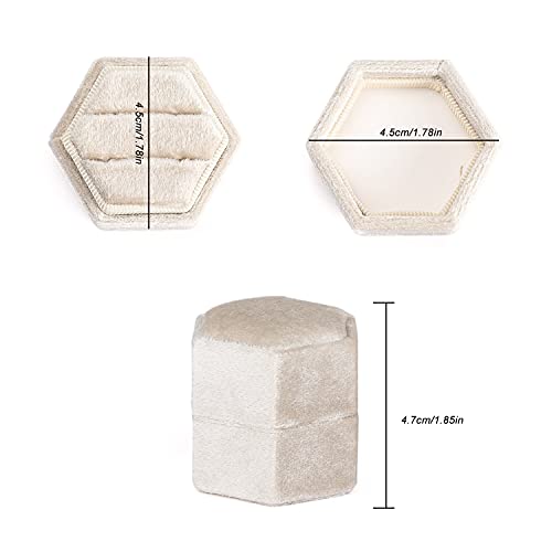 Etercycle Velvet Jewelry Ring Box, Hexagon Premium Gorgeous Vintage Double Ring Gift Box with Detachable Lid for Proposal Engagement Wedding Ceremony(Beige)2