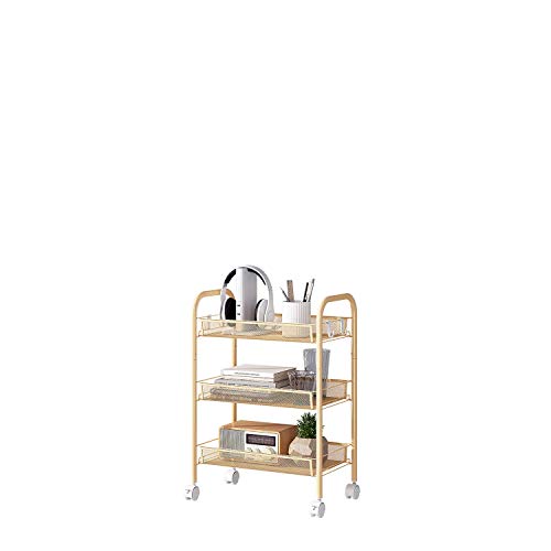JEROAL 3 Tier Rolling Trolley, Metal Mesh Rolling Cart, Mesh Storage Pantry Cart with Lockable Wheels, Gold