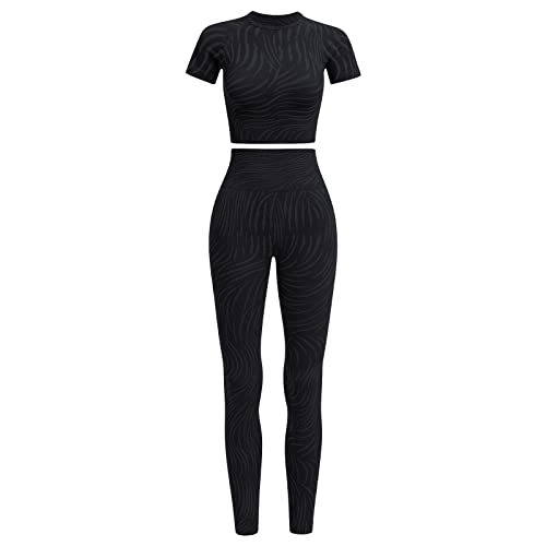 Iwemek Women Zebra Print Seamless Yoga Workout Sets Ruched High Waist Leggings Short Sleeve Crop Top 2 Piece Gym Sets Tracksuit Leggings Black Large #TOP18