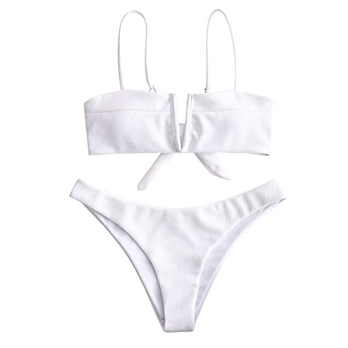 ZAFUL Swimwear V-Wired Ribbed Textured Tie Knot Back Padded Bikini Thong Two Piece Swimsuits White M