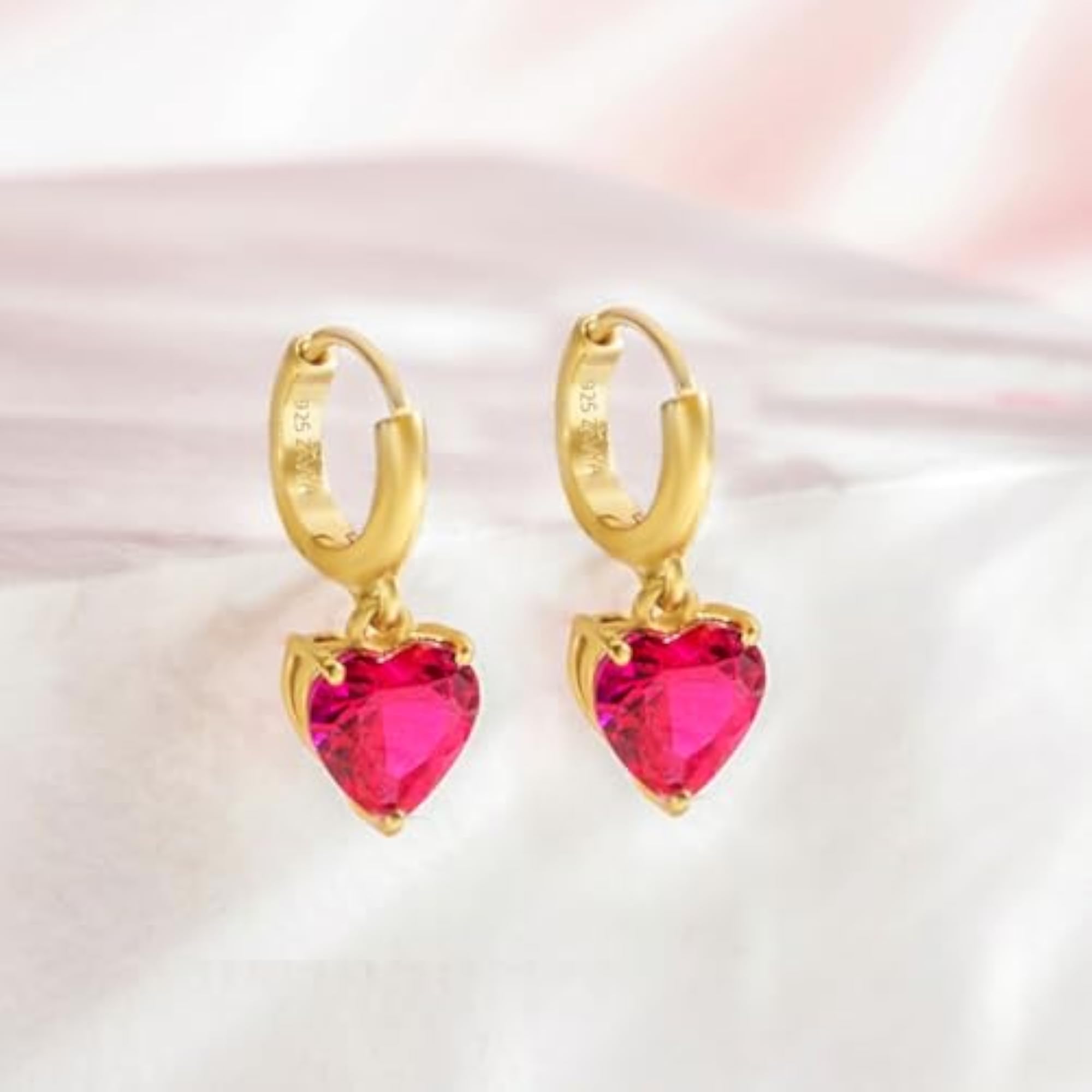 Women's 925 Sterling Silver Heart Gold Plated Drop Earrings