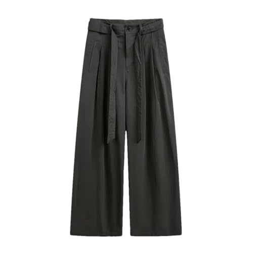 Men Belt Folds Japanese Casual Loose Vintage Wide Leg Baggy Pants Boyfriend Straight Cargo Trousers