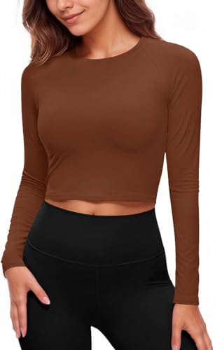 Fisoew - Camiseta deportiva para mujer con protección UPF 50+ contra el sol, manga larga, cuello redondo, para yoga, entrenamiento, crop top transpirable, ajuste slim, T-shirts, marrón, M