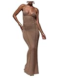 SOLY HUX Women's Lace Up Backless Maxi Crochet Dress Elegant Fishtail Bodycon Beach Vacation Dresses Solid Coffee Brown Small