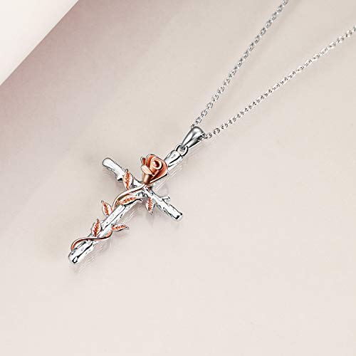 Luhe Cross Necklace Gifts For Women Her Sterling Silver Rose Gold Plated Religious Cross Pendant Necklace With Rose Flower Jewelry Christmas Mothers Day Gifts #TOP3