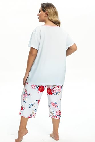 Image of Vozanet Women's Pajamas Set Soft V Neck Sleepwear Top and Capri Pj Lounge Sets Cartoon Heart Shape Cat Nighty Plus Size