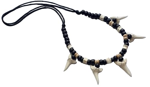 5! Genuine Shark Teeth Necklace for Men, Mako Shark Tooth Necklace, Handmade Wooden Beads Adjustable Cords Shark Tooth Necklace for Women Jewelry GA3784