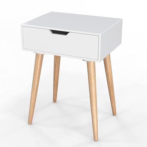 Image of Modern White Bedside Table with 1 Drawers & Wooden Legs | Compact Nightstand for Bedroom | Scandinavian Style Side Table with Storage for Home Living Room (White, 1 Drawer)