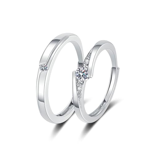 KONFEN 2 Pezzi Cubica Zirconia Fedine Fidanzamento Coppia, Aperto Regolabile Pollice Anelli di Promessa per Uomo e Donna, Gioielli da Sposa Ipoallergenici con Anello Classico per Anniversario