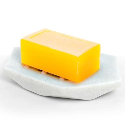 Marble Soap Dish for Bathroom & Kitchen –Crystal White Hexagon Resin Soap Holder with Drainage, Non-Slip & Durable Bar Soap Tray for Countertop, Shower, and Sink