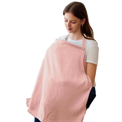 Image of BlissMomum Breastfeeding Cover with Removable Hoop Arch Neckline,Breathable Nursing Cover Up for Breastfeeding, 100% Cotton Breast Feeding Covers for Women (Pink)