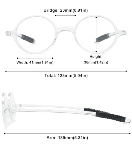 ABETOS Small Round Reading Glasses Retro Mini TR90 Flexible Lightweight Vintage Computer Readers for Men Women, Clear White 1.75