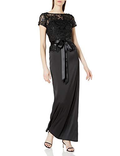 Adrianna Papell Women's Long Column Gown with Sequin Lace Bodice and Short Sleeves, Black, 2