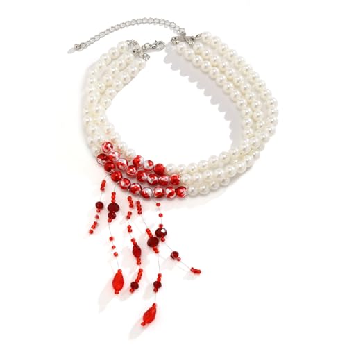Gothic Halloween Vampire Dripping Blood Bloody Beaded Choker Necklace for Women Bride Layered Vintage Imitation Pearl Tassel Collar Necklace Multilayer Halloween Party Bar Jewelry-B wine red