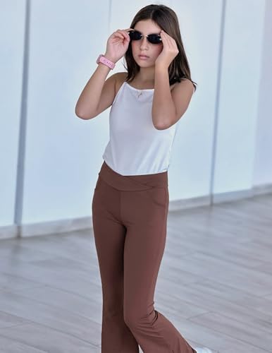 Zaclotre Girls Flare Leggings High Waisted V Crossover Casual Yoga Bell Bottoms with Pockets Pants for Kid