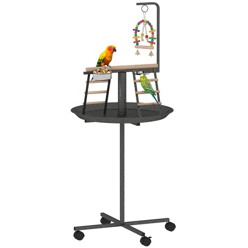 PawHut Bird Stand Parrot Stand with Wheels Perch Stainless Steel Feed Bowls Round Tray for Indoor Outdoor Dark Gray