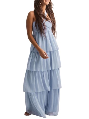 Image of Women Y2k Backless Long Dress Halter Tie Neck Maxi Dress Flowy Beach Sundress Summer Streetwear