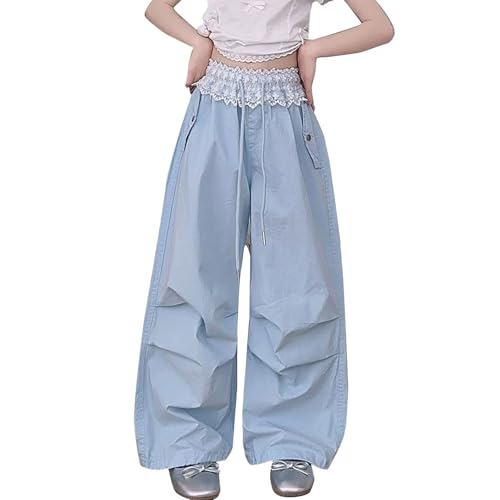 Girls Lace High Waist Parachute Pants Baggy Wide Leg Thin Casual Cargo Trousers with Pockets Teen Kids 𝐃rawstring Pants