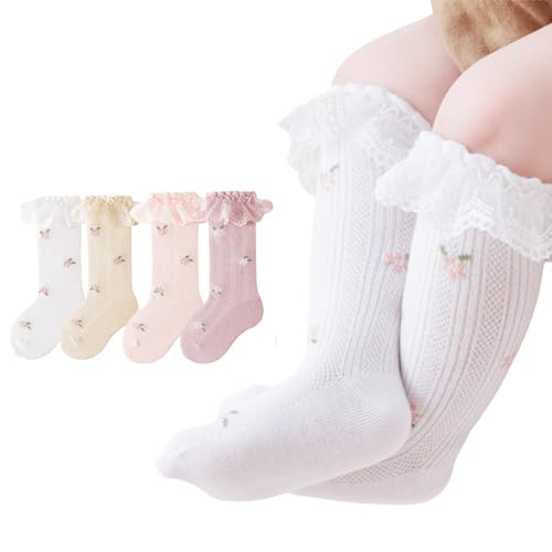 4 Pairs Baby Toddler Girls Princess Frilly Socks, Summer Ruffle Soft Cotton Thin Mesh Socks for Dress, 0~8T