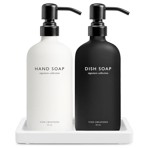 Vine Creations Glass Soap Dispenser Set, Kitchen Soap Dispenser Set with Ceramic Tray, 16 oz Dish...