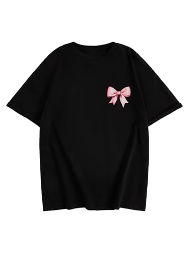 Image of Verdusa Girl's Graphic Tees Cute Bow Cherry Print Short Sleeve T Shirts Oversized Tee Tops