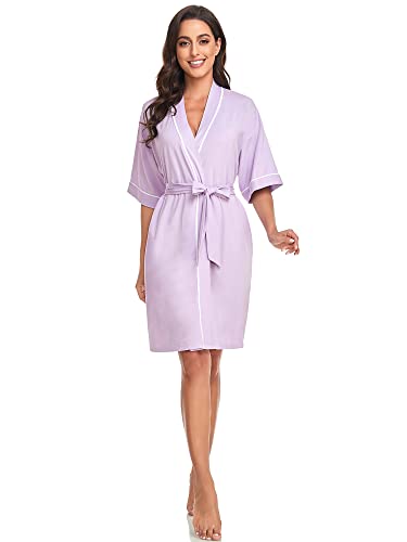 Image of COLORFULLEAF Womens Bamboo Short Robes Lightweight Kimono Cotton Robe Soft Knit Bathrobe Ladies Loungewear with Pockets