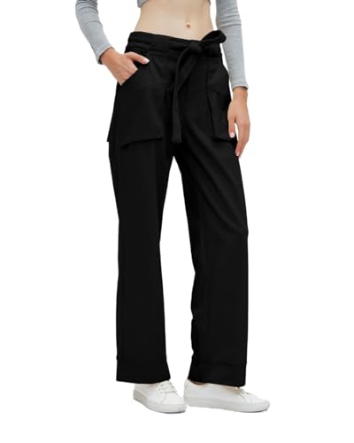 Women's Corduroy Pants Straight Leg Elastic High Waist Belt Cord Pants Trousers with Pockets