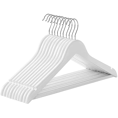 SONGMICS Wooden Hangers, Set of 10, Coat Hangers, Clothes Hangers, with Shoulder Notches, Anti-Slip Trousers Bar, 360° Swivel Hook, for Suits, Shirts, Coats, White CRW03W10 Cover