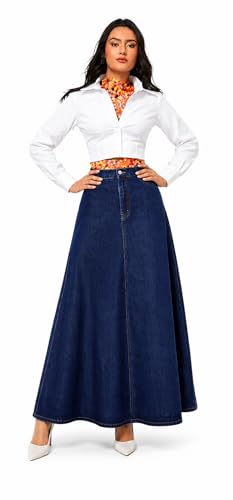 Image of Navy Blue Buttoned A-Line Full Length Denim Skirt 18000