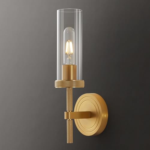 Image of Gold Wall Sconces,Sconces Wall Lighting 15.5 inch Knurled Aluminum Bathroom Vanity Wall Light Fixture with Clear Glass,Modern Brushed Brass Bathroom Sconces Wall Lights for Living Room,Bedroom,Corridor