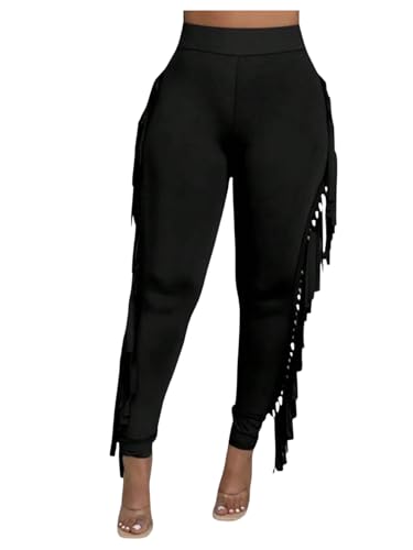 WDIRARA Women's Plus Size Elastic Waist Fringe Trim Pants Stretch Skinny Pants Black 5X-Large Plus