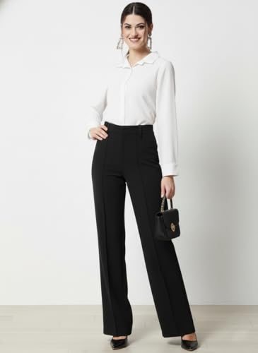 Image of Women's Formal Trousers | Straight Fit Office Wear Pants | 2 Side Pockets | High Waist Comfortable Workwear Pant for Women (in, Numeric, 30, Regular, Standard, Black)