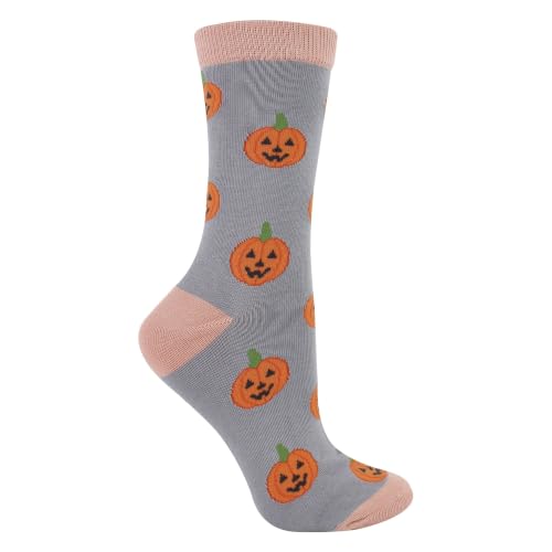 Miss Sparrow Ladies Halloween Socks Novelty Crew Bamboo Pumpkin Socks for Womens | Gift Socks (4-7 Pumpkin (Grey))