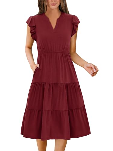 Image of ZEAGOO Womens Summer Casual Dresses Ruffle Sleeve V Neck Midi Dress Flowy Tiered Dress with Pockets Boho Sundresses