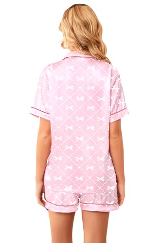 Image of Umeyda Women & Girls Pajamas Set, Soft Satin Lightweight Silk Button-Down Top with Shorts 2 Piece PJS for Mom Boys Kids Gifts