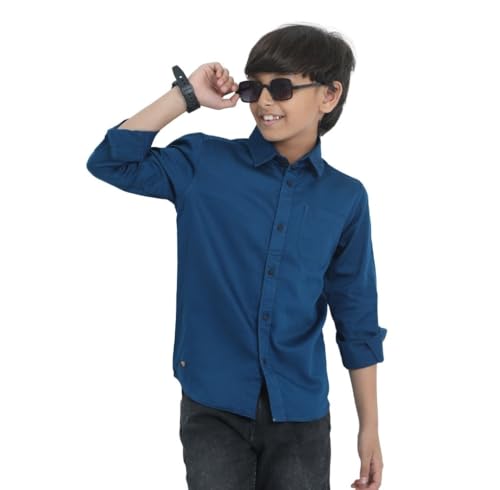 Image of Red Nine Rocket Science Boys' Solid Satin-Finish Poly Cotton Shirt | Single Pocket, Spread Collar, Long Sleeve, Casual