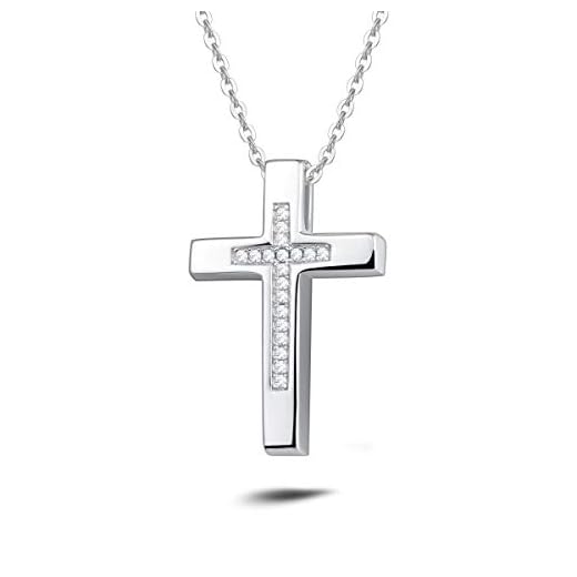 Korshalsband 925 sterling silver vitt guldpläterat krucifix hänge med kubisk zirkon smycken för kvinnor och flickor – tro hopp kärlek – kedja: 40 + 5 cm, Kubisk zirkonia