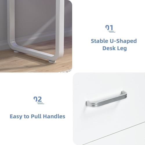 Image of MaverickFurni 67 inch White Desk with 3 Drawers and LED Lights, Reversible Computer Desk with Moniter Stand and Printer Shelf, Home Office Desk with Storage for Work Writing Study, White