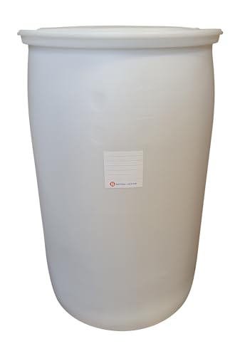 kanister-vertrieb® 220 Liter Spundfass, Wasserfass, Fass HDPE Kunststoff, Farbe Natur (220 Fass Natur neu) + Etikett