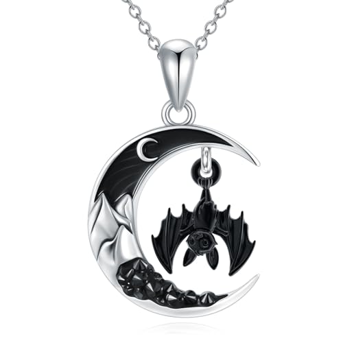 Gothic Jewelry Sterling Silver Black Crescent Moon Mountain Pendant Necklace for Women Halloween Jewelry Gifts