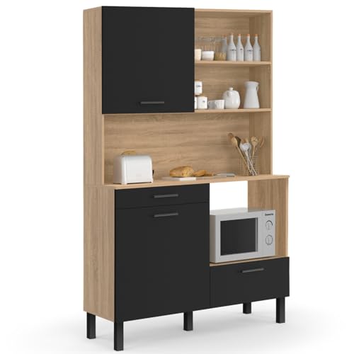 IDMarket - Buffet de Cuisine 120 CM CINA 3 Portes + 1 tiroir façon hêtre et Noir