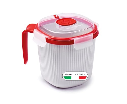 Snips, Taza Microondable para bebidas calientes y sopas, Taza Microondas 0.70 LT, Vaso Microondas 14.5 x 14.5 x 12 cm, Color Blanco y rojo, Made in Italy
