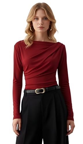 Image of SIGHTBOMB SOFTLINE Asymmetric Boat Neck FRONTFLOW Gathered Waterfall Afford LUX Edition Formal WEAR Long Sleeve Feather Touch TOP for Women