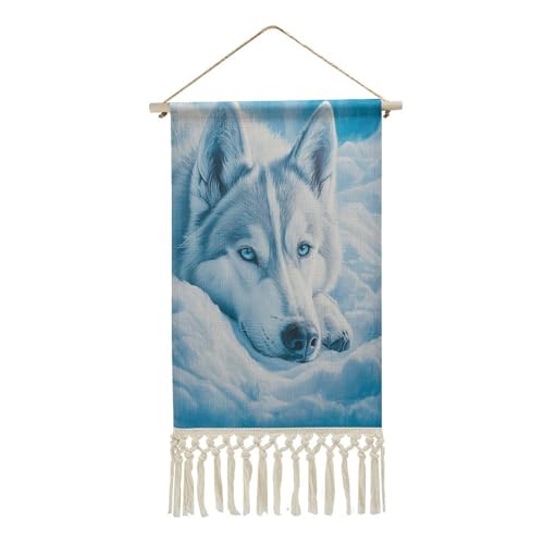 Jubonexis Arazzo da parete in lino, con cane husky che riposa nella neve, poster da parete vintage con nappa e asta in legno