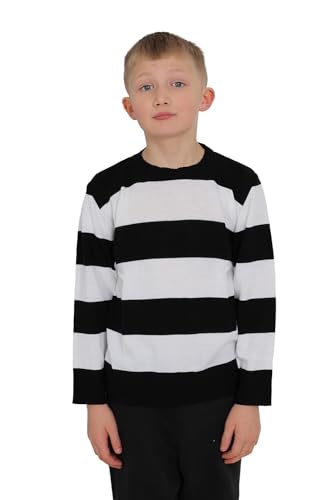 Wicked Fun® Boys Red and White Green Black Stripes Long Sleeves Girls Knitted Jumper Kids Halloween Fancy Parties Sweat Shirt Top (Black & White, 7-8 Years)